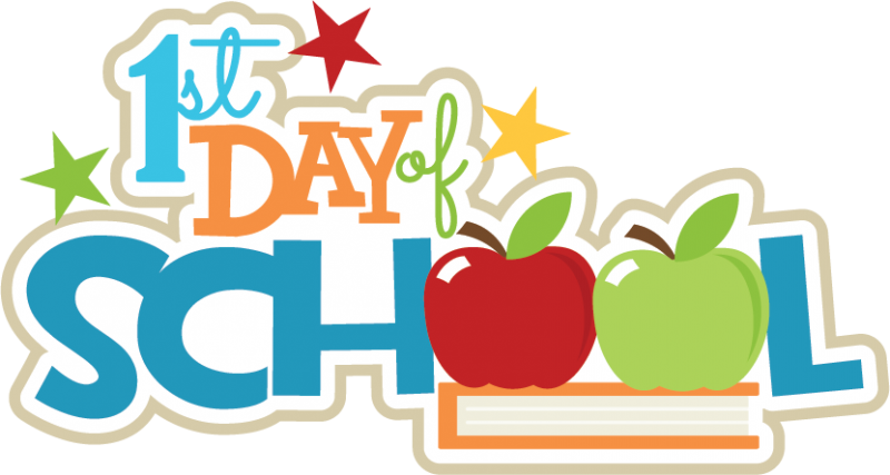 A clip art of the words 1st Day of School, where the two o's in School are replaced by apples. There are also three stars above the words, one is green, the other yellow, and the last one red.