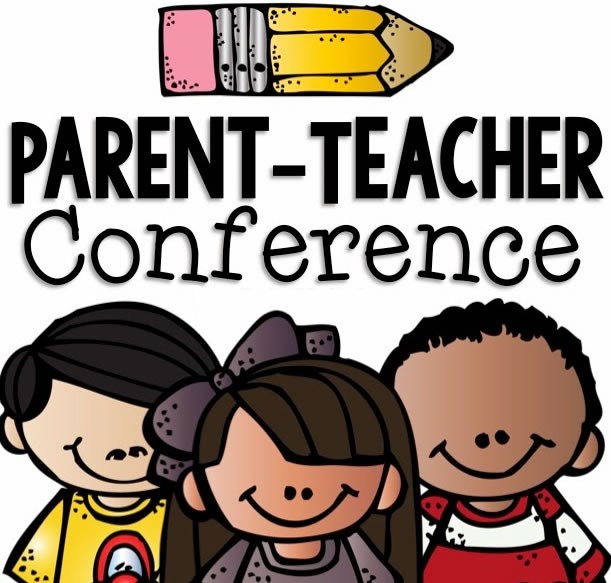 Yellow school pencil with the words parent teacher conference below and three children centered underneath.