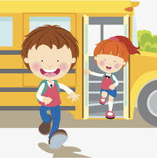 A boy and a girl running off the yellow school bus at the end of the school day.