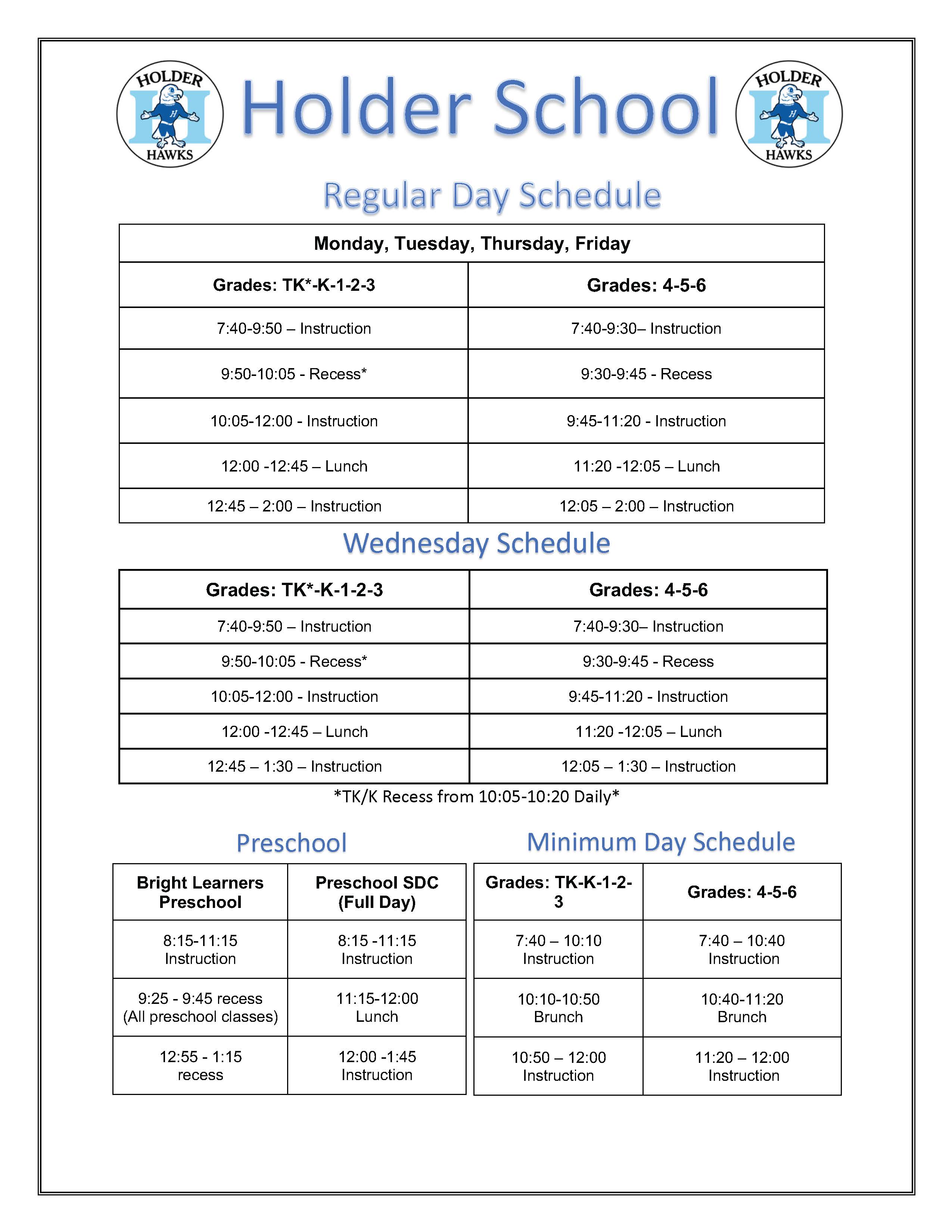 Holder School Schedule 2022-23