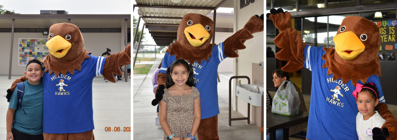 students with Holder Hawk on first day of school