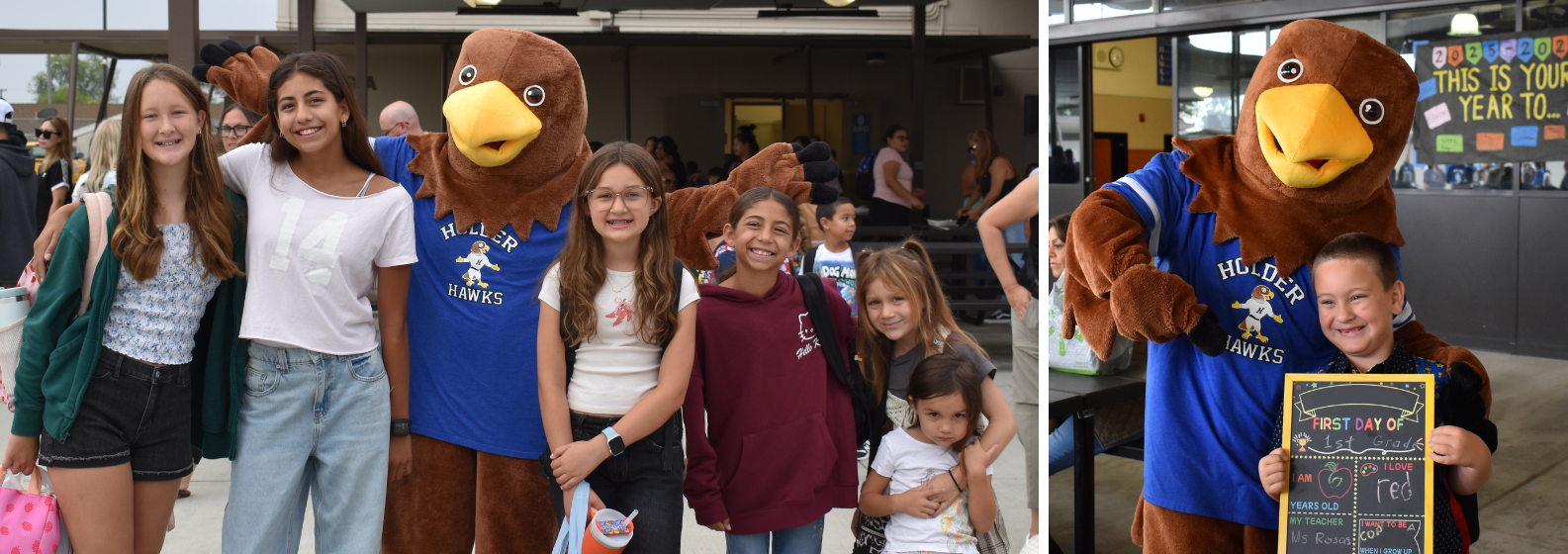 students with Holder Hawk on first day of school