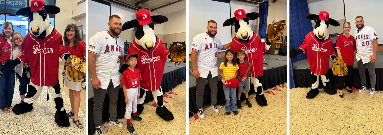 Students and staff with Angels baseball player and Chick-Fil-A Cow