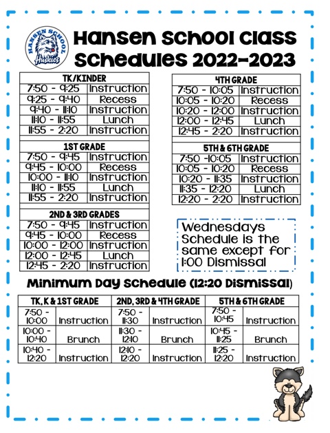 Hansen School Schedule 2022-23
