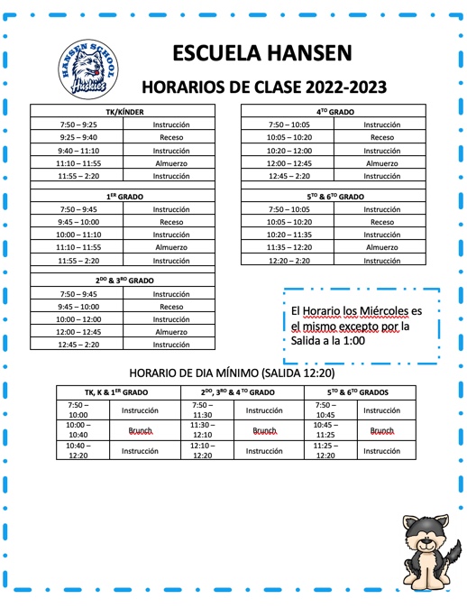 Hansen Spanish School Schedule 2022-23